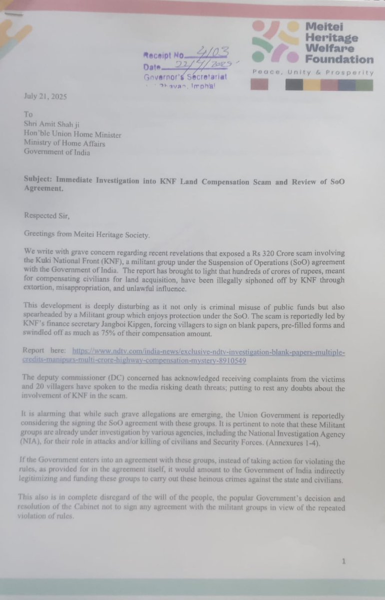meiteiheritage's tweet image. Today, we submitted a representation to @HMOIndia @RajBhavManipur requesting immediate investigation into the Rs 320 Crore land compensation scam, where a Militant Group KNF under SOO agreement, allegedly ripped off crores of rupees of helpless victims of their own Tribes.…