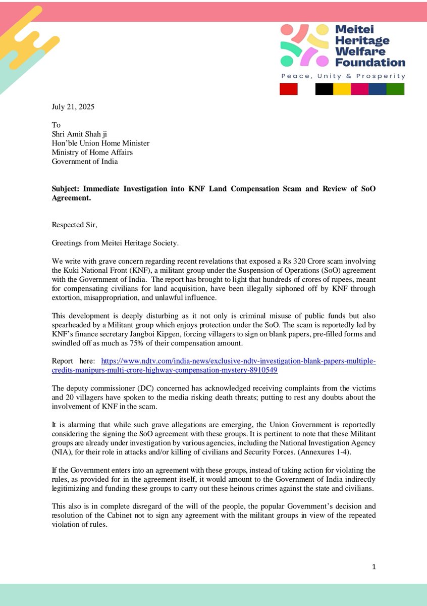meiteiheritage's tweet image. Today, we submitted a representation to @HMOIndia @RajBhavManipur requesting immediate investigation into the Rs 320 Crore land compensation scam, where a Militant Group KNF under SOO agreement, allegedly ripped off crores of rupees of helpless victims of their own Tribes.…