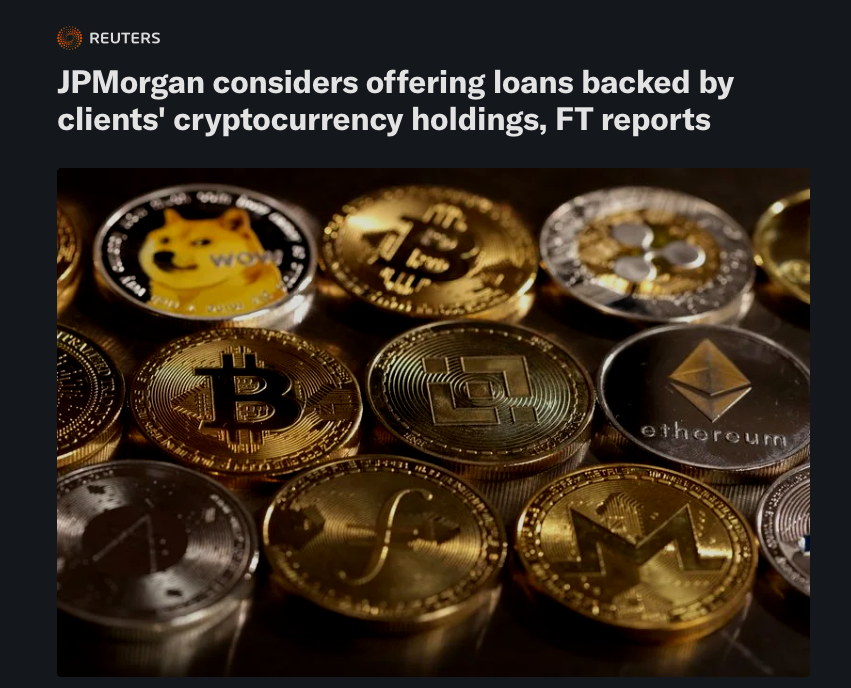 SteveKBark's tweet image. Need proof TradFi sentiment is quickly shifting for crypto?
Just 18 months ago, JPMorgan CEO Jamie Dimon called Bitcoin a "pet rock" that "does nothing but help with fraud & money laundering."
Now the bank is exploring stablecoins, crypto loans, and blockchain tech for infra.