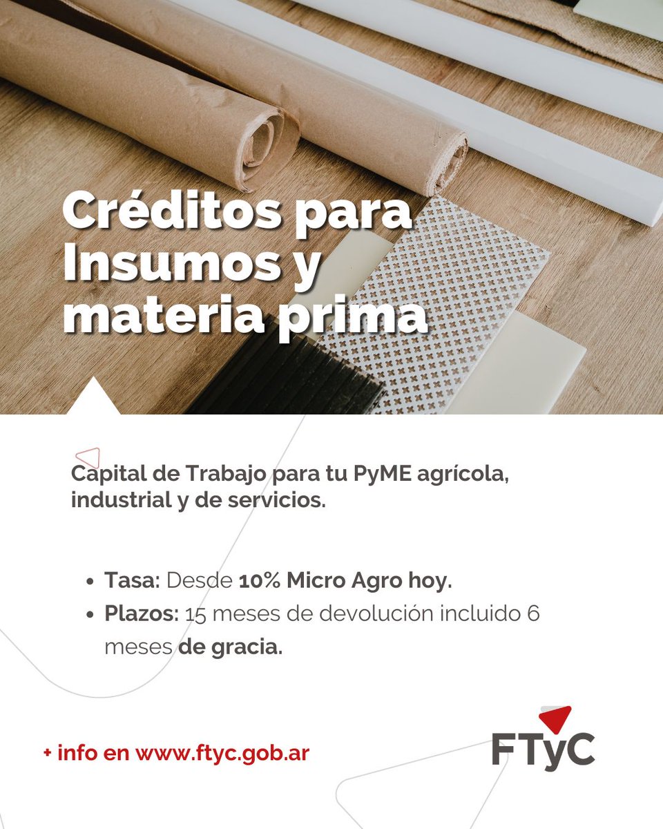 🧰🎨📑 Nada funciona sin lo esencial.
Financiá insumos y materia prima con un crédito pensado para que lo urgente no detenga lo importante.

✅  Tasa acorde a tu PyME
✅  Plazos adaptados a tu proyecto
✅ Asesoramiento personalizado

📲 Conocé más en ftyc.gob.ar/capital-de-tra…