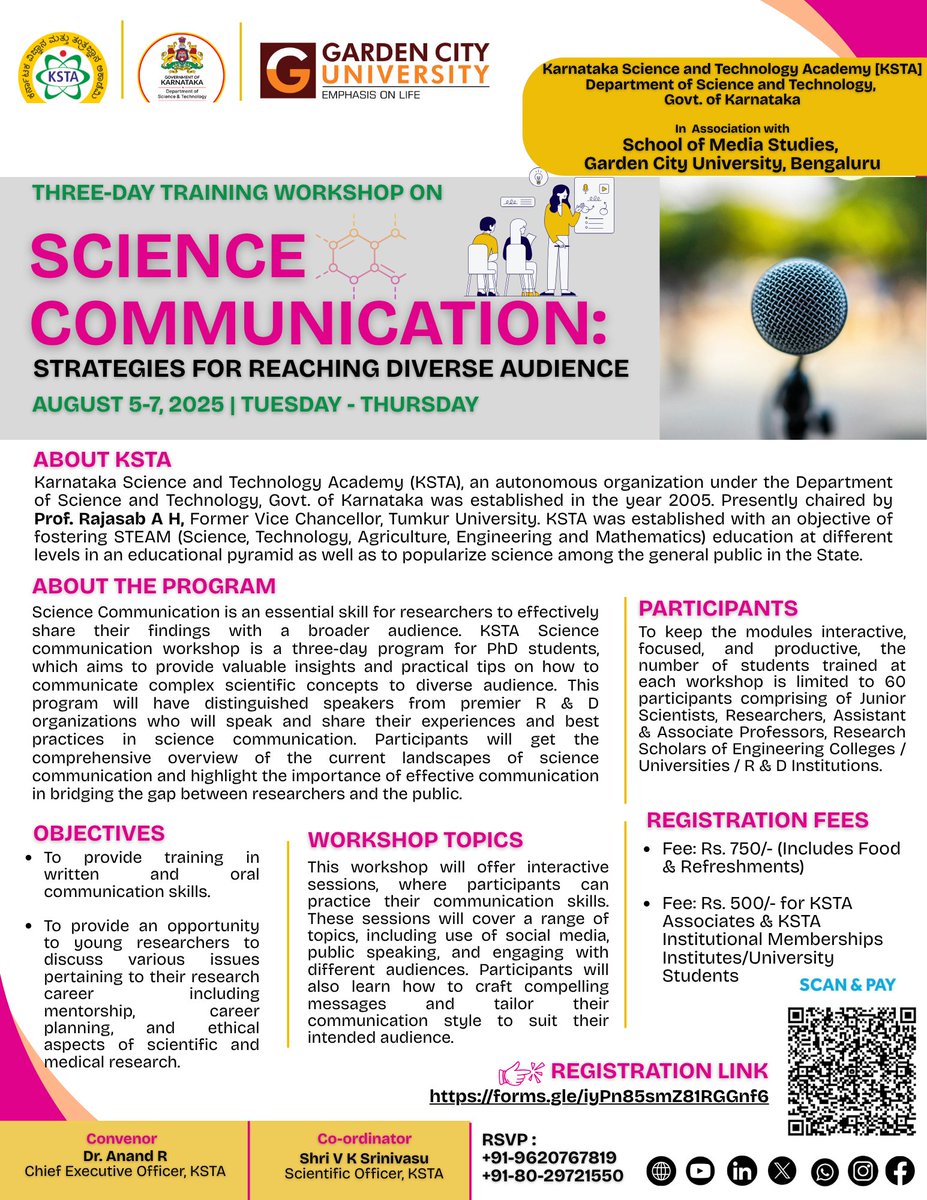 kstacademy's tweet image. KSTA &amp;amp; GCU organizing a 3 days training workshop on Science Communication  August 5 to 7, 2025. 
Open to Junior Scientists, Researchers, Assistant &amp;amp; Associate Professors, as well as Research Scholars from Engineering Colleges, Universities &amp;amp; R&amp;amp;D Institutions.
#scicom #ksta #GCU
