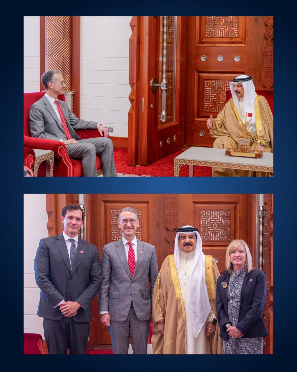 USEmbassyManama's tweet image. تشرف السفير بوندي بتسلُّم وسام البحرين من الدرجة الأولى من حضرة صاحب الجلالة الملك حمد بن عيسى آل خليفة، بمناسبة انتهاء فترة عمله. وقد عبّر السفير بوندي عن بالغ شكره وامتنانه لهذا التكريم الرفيع، وعن تقديره العميق للشعب البحريني الكريم.
وأكد سعادته على متانة الشراكة الثنائية بين…