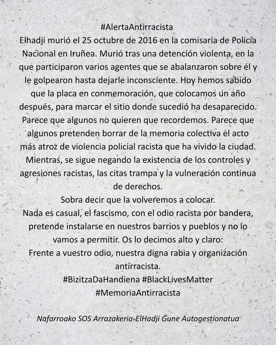 SOSracismoNafar's tweet photo. Ozen eta argi esaten dizuegu: zuen gorrotoaren aurrean, guk gure amorru duina eta arrazakeriaren aurkako antolaketa.
Os lo decimos alto y claro: frente a vuestro odio, nuestra digna rabia y organización antirracista.
#BlackLivesMatter #MemoriaAntirracista #BizitzaDaHandiena https://t.co/YsI0EDXuNZ