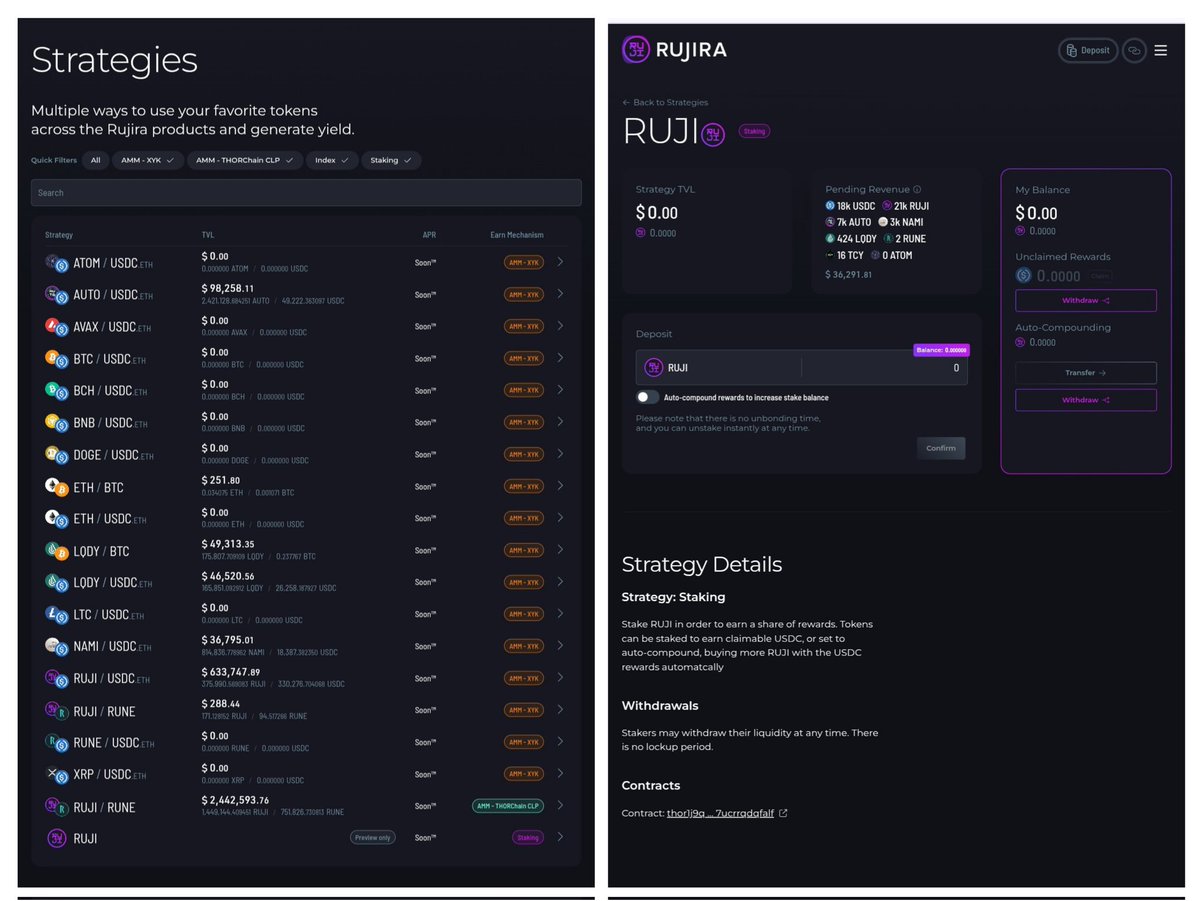 CX_Cosmos's tweet image. $RUJI staking previewing under strategies. @THORChain 3.9 upgrade due in circa 2 weeks. Enshrined oracles being tested, paving the way for virtualised liquidity on @RujiraNetwork. Watch them call me lucky with my $RUJI call in 6-10 weeks time