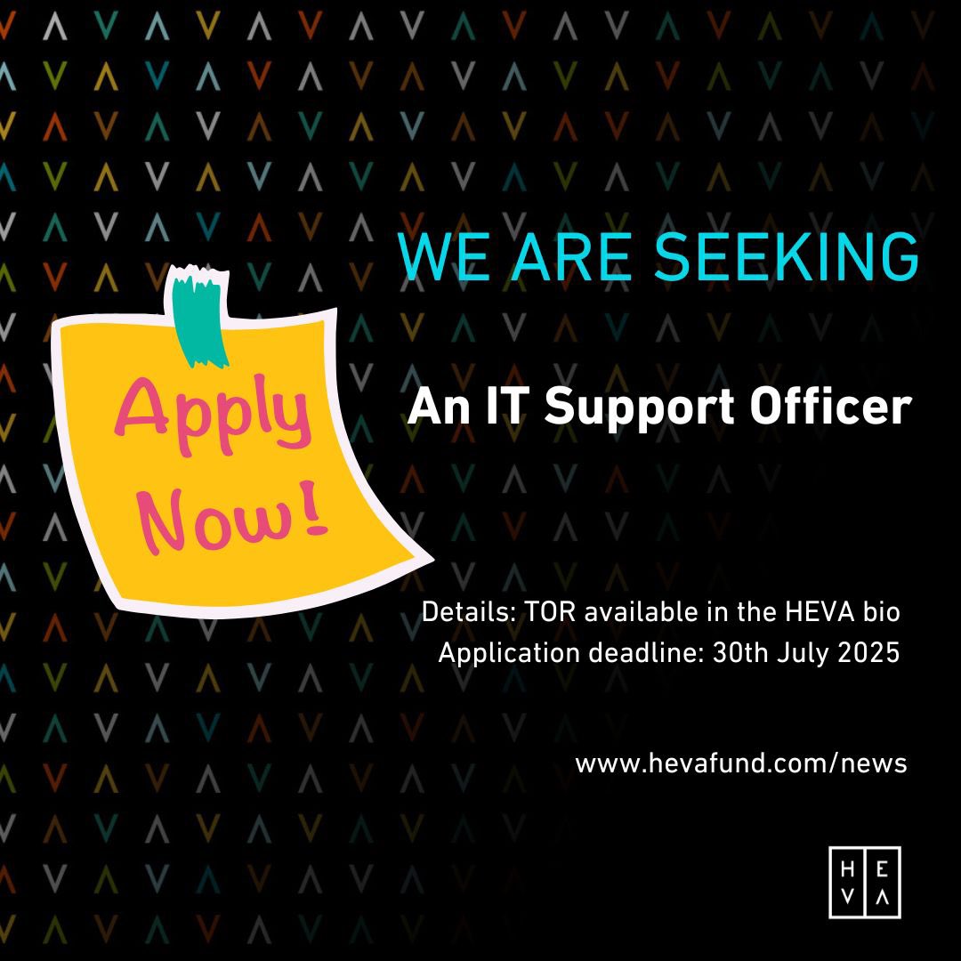 HEVAFund's tweet image. 🚨OPPORTUNITY ALERT🚨
We are looking for an IT Support Officer to help us set up, manage and maintain technology solutions that support our growing team and operations.
#ikokazike
#CreativeAfrica