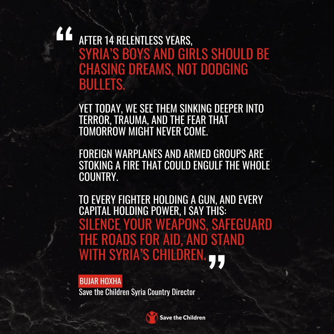 save_children's tweet image. Since fighting started on 11 July in Sweida, #Syria, over 93,000 people have fled their homes🚨
And those left are trapped without medical care, clean water or enough food⚠️
We're calling on all sides to honour the ceasefire, protect children & allow emergency teams & aid in.