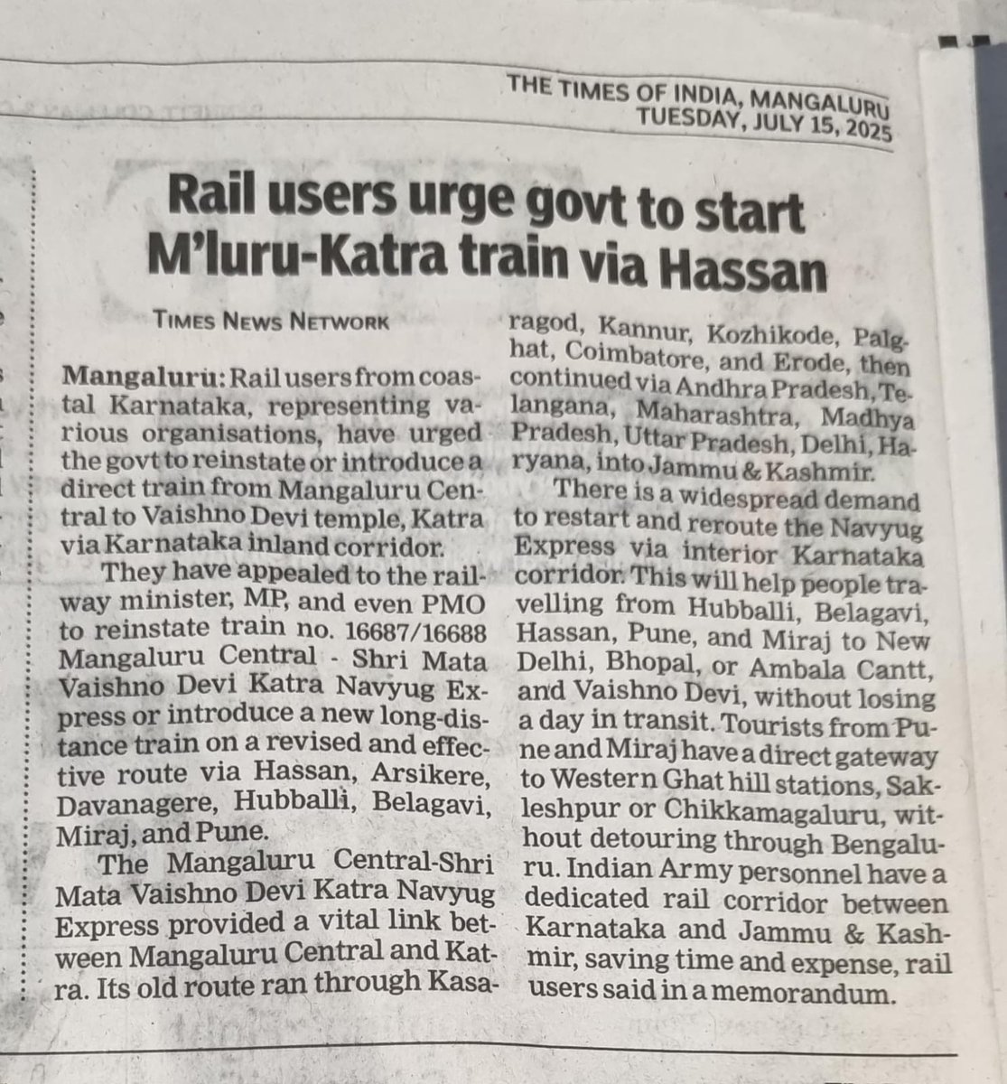 <a href="/GMSWR/">GM SWR</a> sir, <a href="/GMSRailway/">Southern Railway</a>, <a href="/SWRRLY/">South Western Railway</a>, <a href="/DRMPalghat/">Palakkad Division</a> sir, <a href="/DrmMys/">DRM Mysuru</a> sir, <a href="/RailMinIndia/">Ministry of Railways</a>
Kindly take necessary actions to resume Tr No. 16687/88 Mangaluru Central–Shri Mata Vaishno Devi Katra Navyug Express and reroute it via Hassan–Arsikere–Hubballi–Belagavi–Miraj–Pune route. The inland