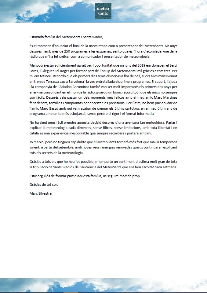 Marc Silvestre (@marcsilvestre7) on Twitter photo 🎙️Avui m'acomiado del <a href="/MeteoSants/">MéteoSants</a> i tanco una etapa a <a href="/sants3radio/">sants3radio</a> després de sis anys d'aventura.
❤️Moltes gràcies a tots! 🎙️Avui m'acomiado del <a href="/MeteoSants/">MéteoSants</a> i tanco una etapa a <a href="/sants3radio/">sants3radio</a> després de sis anys d'aventura.
❤️Moltes gràcies a tots!