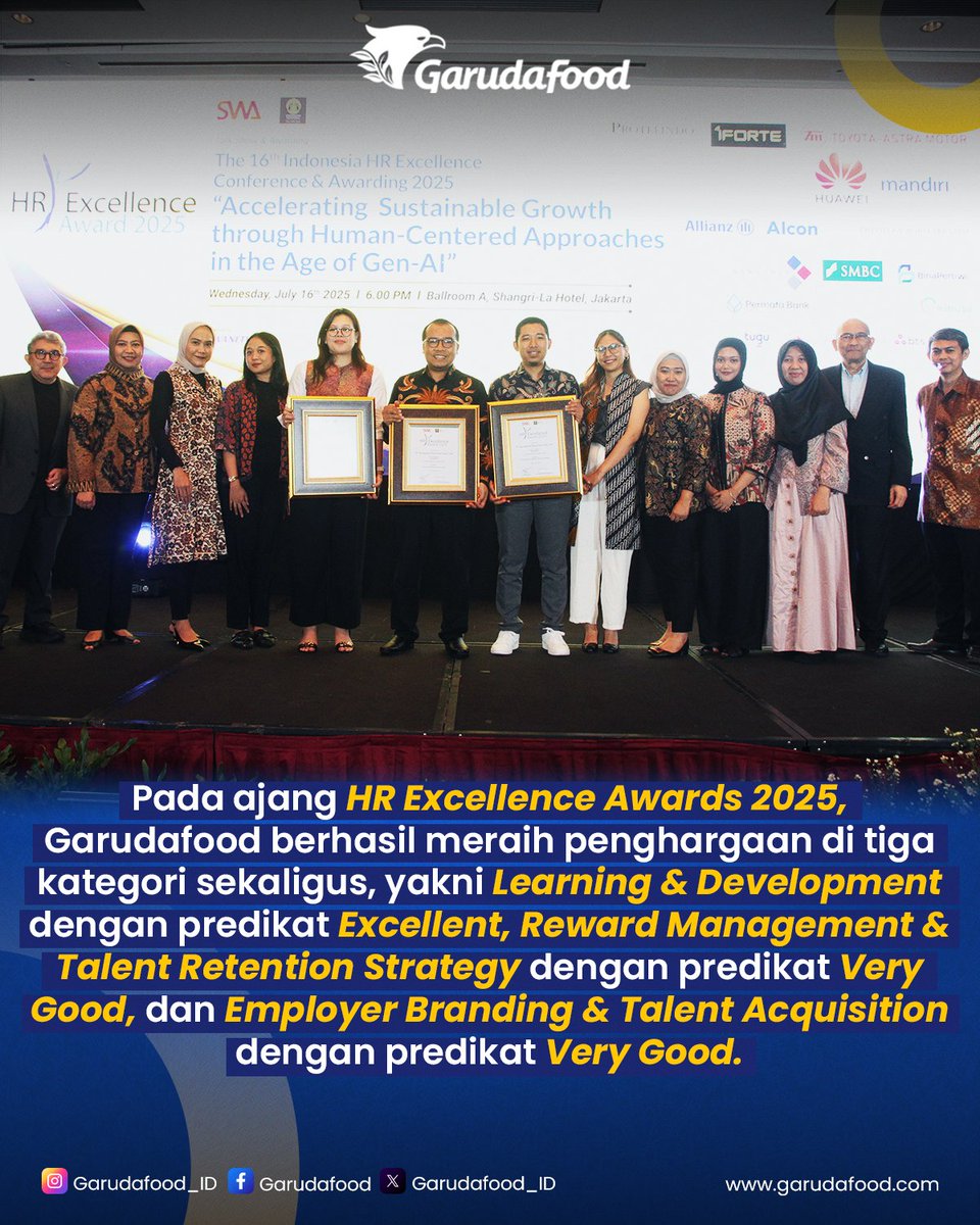 GarudaFood_ID's tweet image. Garudafood raih 3 penghargaan di HR Excellence Awards 2025! 🏆

Predikat Excellent untuk Learning &amp;amp; Development, serta Very Good untuk Reward Strategy &amp;amp; Employer Branding jadi bukti komitmen kami membangun SDM tangguh &amp;amp; berdaya saing.

#Garudafood #HRAwards2025 #PeopleDevelopment