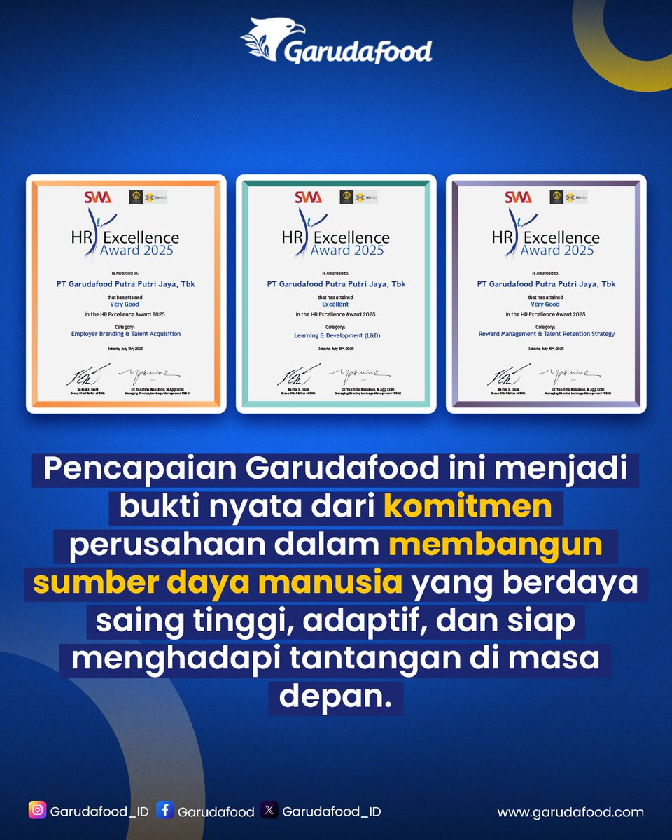 GarudaFood_ID's tweet image. Garudafood raih 3 penghargaan di HR Excellence Awards 2025! 🏆

Predikat Excellent untuk Learning &amp;amp; Development, serta Very Good untuk Reward Strategy &amp;amp; Employer Branding jadi bukti komitmen kami membangun SDM tangguh &amp;amp; berdaya saing.

#Garudafood #HRAwards2025 #PeopleDevelopment