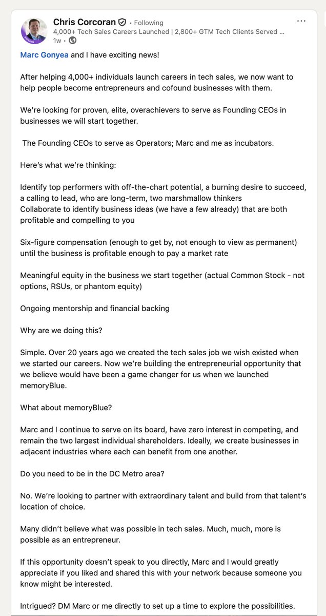 Know someone who is eager to become an entrepreneur but needs a leg up to get started? 

My friends, Chris Corcoran and <a href="/marcgonyea/">Marc Gonyea</a>, are offering paid, no-strings roles for aspiring entrepreneurs to co-found or buy a business with their support. It's similar to my model around