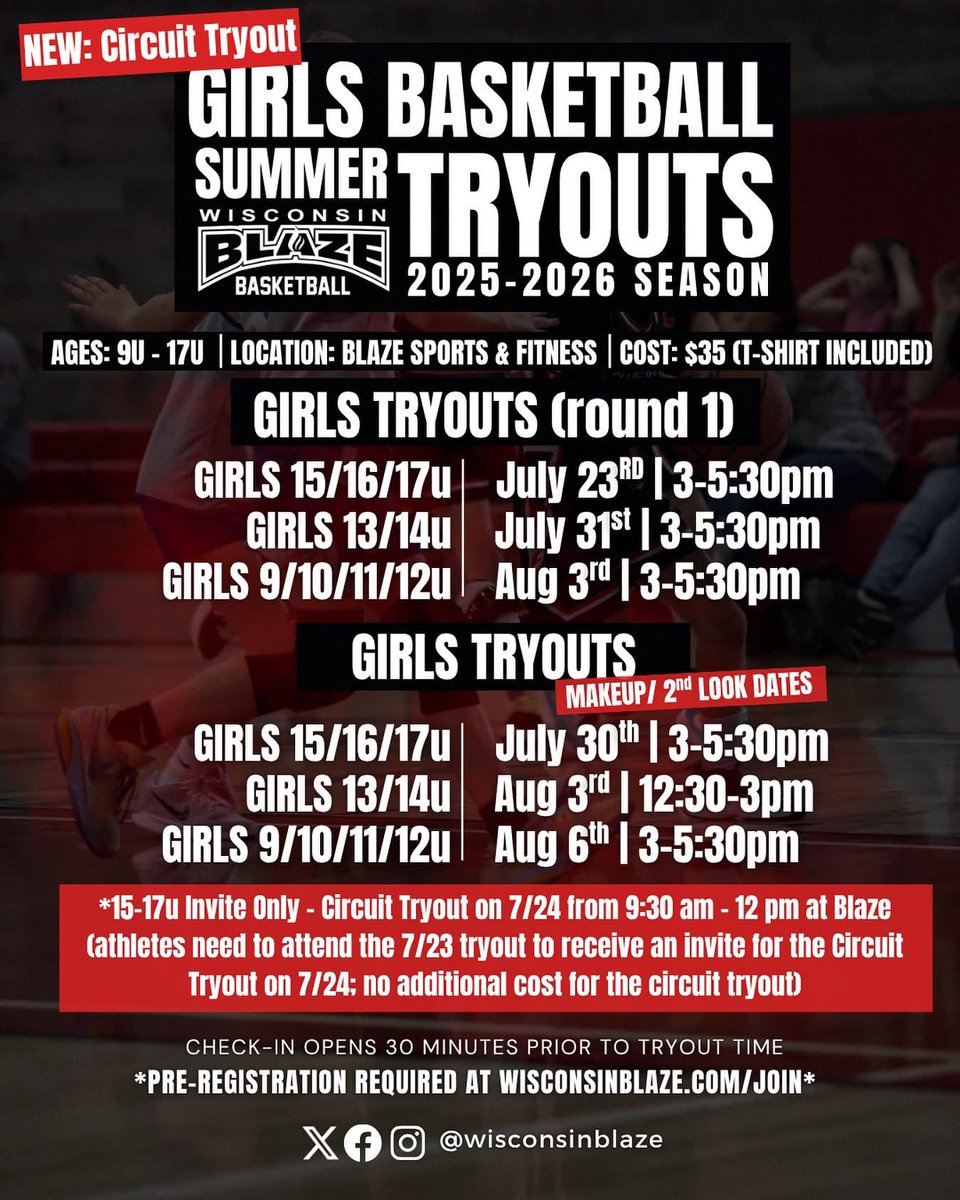 WisconsinBlaze's tweet image. Just a reminder that WI Blaze girls’ basketball tryouts start this Wednesday! We will also have invite-only CIRCUIT tryouts for ages 15-17u (athletes must attend the 7/23 tryout in order to receive an invite to the 7/24 circuit tryout).
Register at wisconsinblaze.com/join 👈