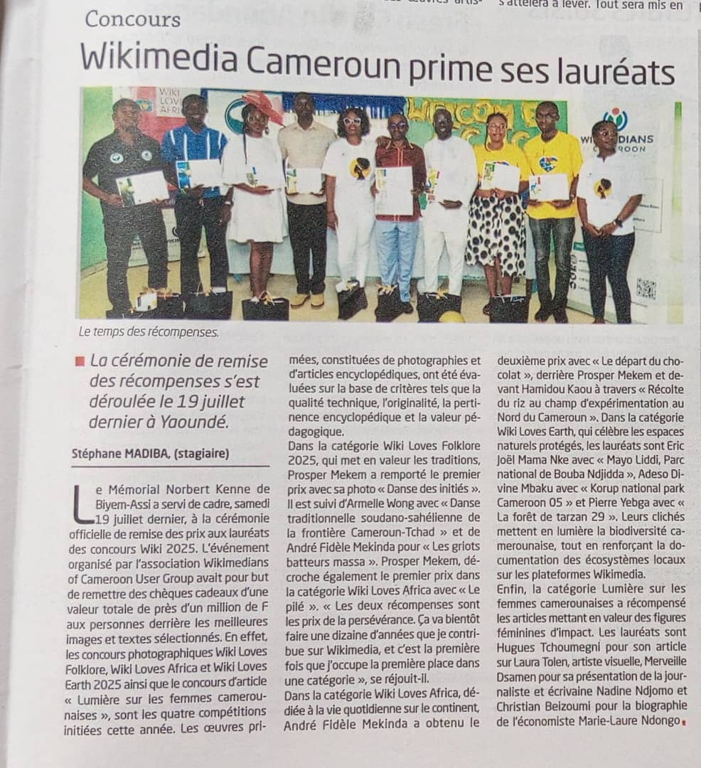 Revue de presse 🎥💻📱🗞️
Cameroon-Tribune de ce mardi 22 juillet consacre un quart de page aux awards ✨ de la Fondation Wimedia et de la communauté Wikimedians of Cameroon User Group.🥳
N'oubliez pas de passer chez votre marchand de journaux.