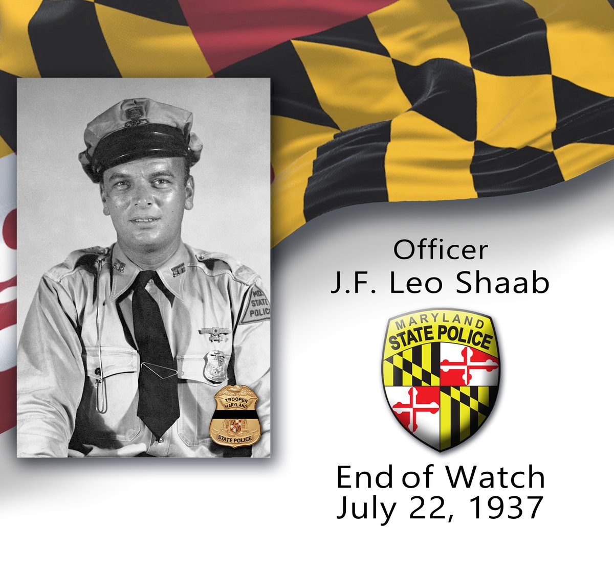 MDSP's tweet image. Today, @MDSP remembers Officer J.F. Leo Shaab, who was killed when his motorcycle collided with an automobile while he was responding to a highway crash on this date in 1937. MORE: mdsp.maryland.gov/Pages/FallenHe…