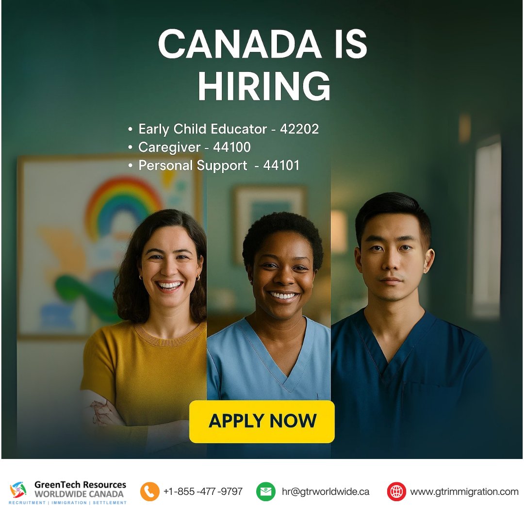 greentechcanada's tweet image. Canada is hiring!

Early Child Educator – 42202
Caregiver – 44100
Personal Support – 44101

Start your journey to Canada today!

📩 hr@gtrworldwide.ca
🌐 zurl.co/upbDh
📞 +1-855-477-9797

#CanadaJobs  #GoWithGOSWAMI