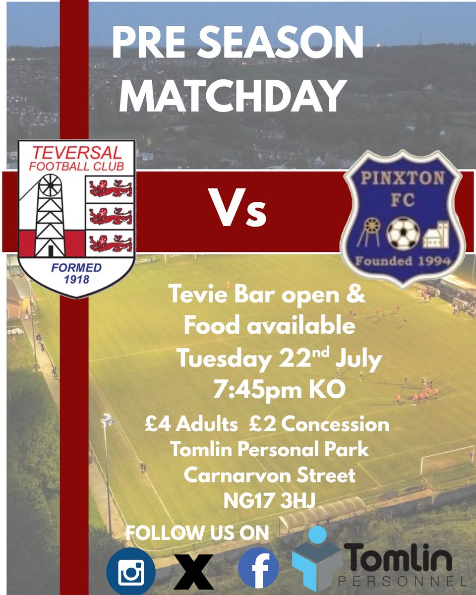TeversalFC (@teversalfc) on Twitter photo ⚽️ Game Tonight ⚽️
Get yourself down to the <a href="/TomlinPersonnel/">TomlinPersonnel</a> park as we take on <a href="/pinxtonfc1/">Pinxton FC</a> in our last home
Friendly before the season.
🍺 🥤 🍔 available
#upthetevie ⚽️ Game Tonight ⚽️
Get yourself down to the <a href="/TomlinPersonnel/">TomlinPersonnel</a> park as we take on <a href="/pinxtonfc1/">Pinxton FC</a> in our last home
Friendly before the season.
🍺 🥤 🍔 available
#upthetevie