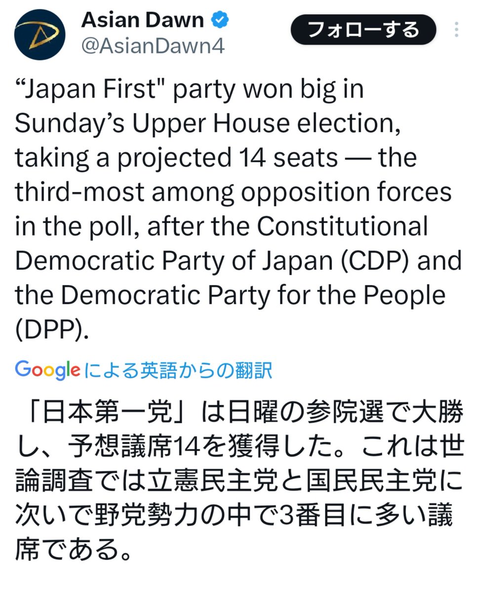 wing4T1E999's tweet photo. いま海外メディアなどの投稿を見てたのだが、今回の🟠の躍進が、翻訳したら『日本第一党🇯🇵』の躍進になってたw
#参院選2025 #JapanFirstParty https://t.co/K69OvFYLP9