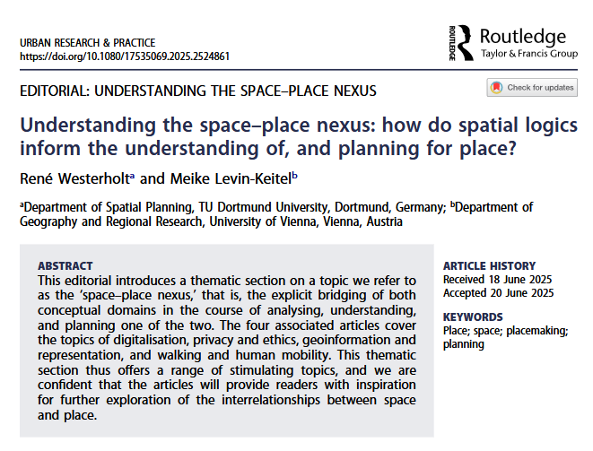 Take a look at the #Editorial written by René Westerholt (<a href="/rwesterh87/">René Westerholt</a>) &amp; Meike Levin-Keitel (<a href="/LevinKeitel/">Meike Levin-Keitel</a>), which introduces a thematic section on space-place nexus in our upcoming issue.
doi.org/10.1080/175350…