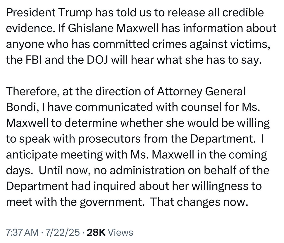 Bubblebathgirl's tweet image. FBI and DOJ to speak with Ghislane Maxwell about Epstein and “anyone who has committed crimes against victims,” says AG Pam Bondi.