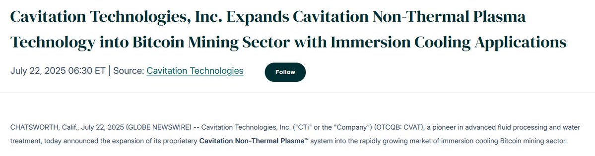 BitcoinNewsCom's tweet image. NEW: California-based Cavitation Technologies enters Bitcoin mining with its Non-Thermal Plasma system for immersion cooling.
