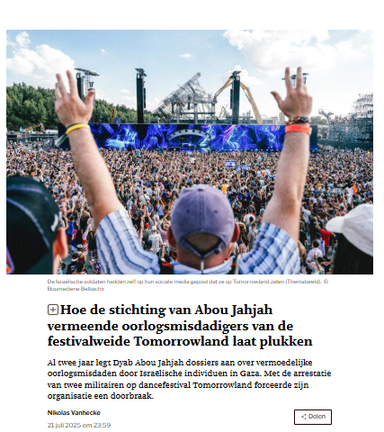 amnestyvl's tweet image. Geen #straffeloosheid voor #genocide. Goed dat Belgisch Federaal Parket klachten bekijkt tegen 2 bezoekers #Tomorrowland wegens oorlogsmisdaden in #Gaza, ingediend door #hindrajabfoundation en @GLAN_LAW. Als er voldoende bewijs is, moeten mensen die worden verdacht van misdaden…