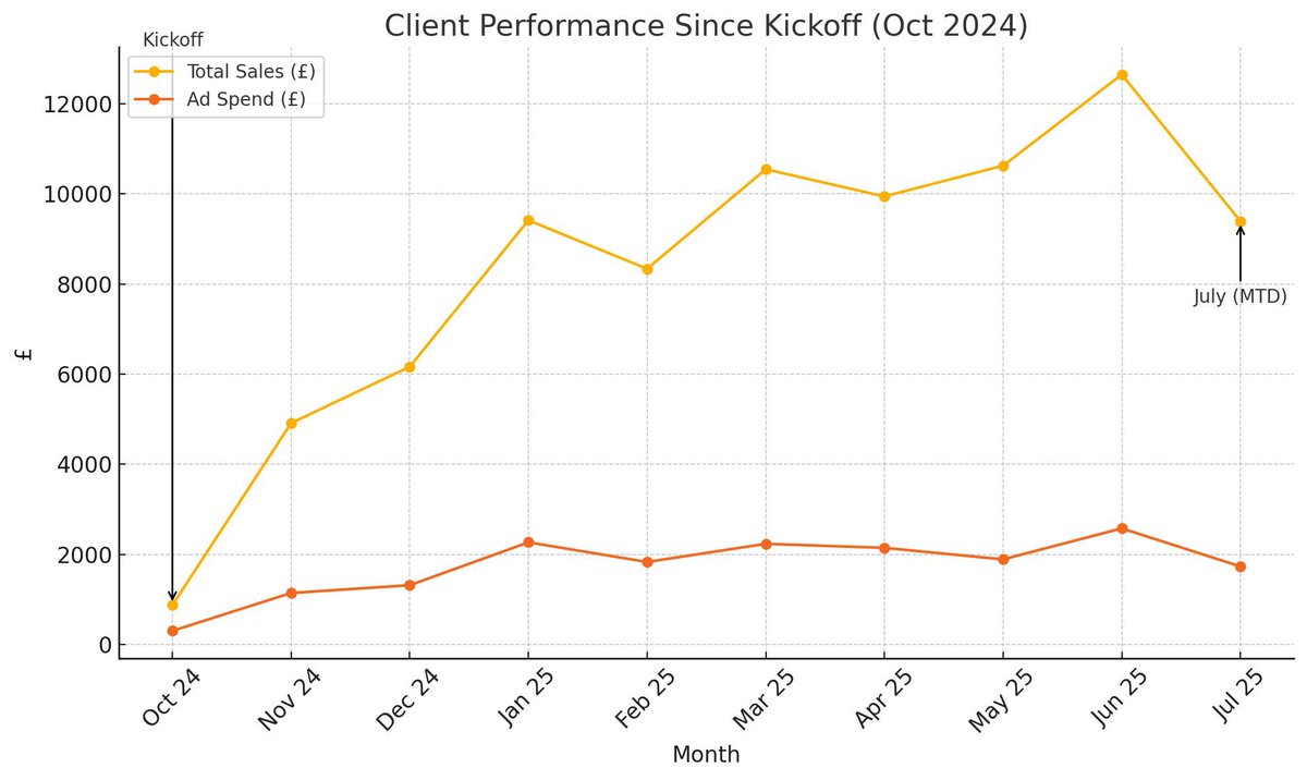 Since kick off in Oct 2024 we’ve helped this UK brand achieve:

// +968% total sales growth
// 4.74x average tROAS
// 21% average TACoS (total ad cost stays lean even as revenue scales)

July is still month-to-date, but the trajectory speaks for itself. Onwards and upwards!