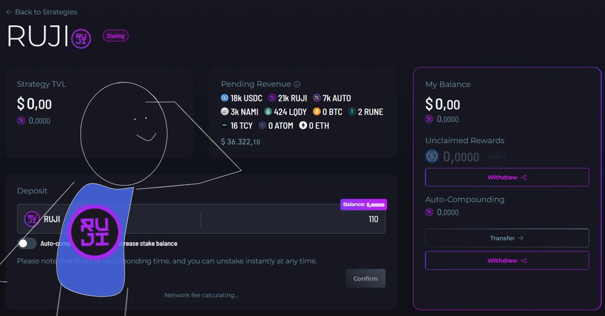 Rujira_Intern's tweet image. Well, ladies and gentlemen... WE HAVE STAKING! 😈
Well, a preview at least, but let me get excited.
You can already see how your $RUJI staking will look.
Soon, very soon, those RUJIs will start working for you...
rujira.network/strategies/sta…