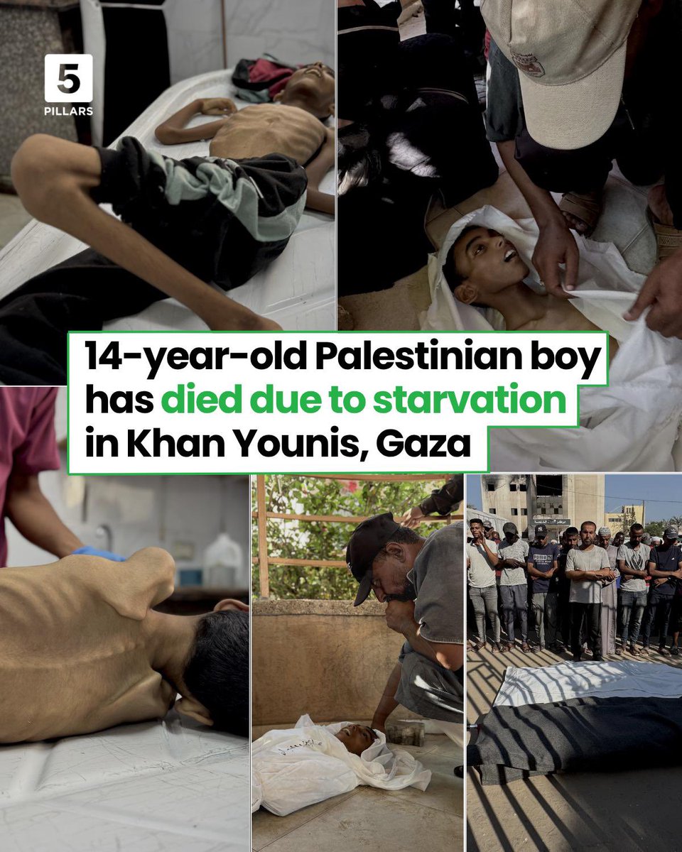 5Pillarsuk's tweet image. Another case of Israel’s devastating blockade of aid into Gaza.
A 14-year-old boy has died from malnutrition and starvation in Khan Younis today.