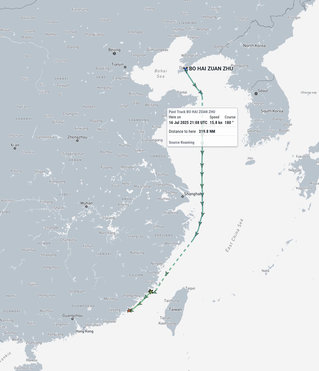 tshugart3's tweet image. Looks like a couple of Bohai Ferries are doing an exercise off of Dongshan Island, at the southern end of the Taiwan Strait. They headed down from their usual Yellow Sea routes a few days ago.
