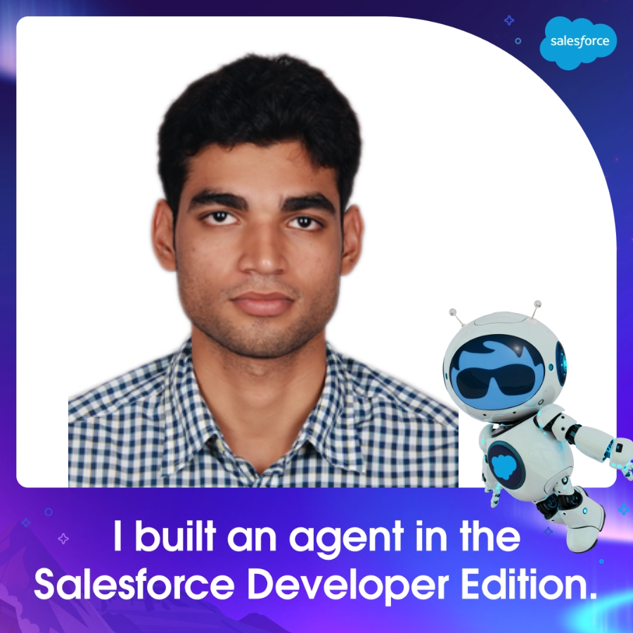 listen2harsh's tweet photo. I built an agent in the Salesforce Developer Edition! 🎉
Complete the Developer Edition Quest to build yours today and showcase your new skills with a custom photo. 🤖
Start learning: https://t.co/e7Q0bb97IS
#SFGiveaway #BuiltWithAgentforce https://t.co/GQmeIHb9O3