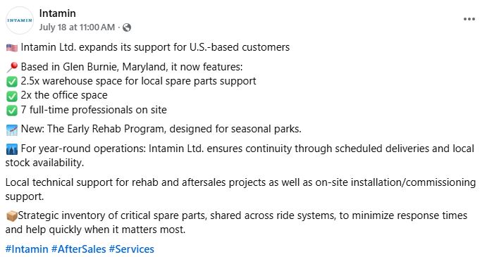 FUNFoodBlog's tweet image. Intamin has expanded their support by opening a US location for parts and service