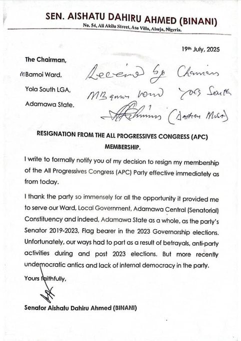 Yola_Twitta's tweet image. The 2023 Governorship Flagbearer of the APC in Adamawa state, Sen. Aisha Binani has officially resigned from the APC.