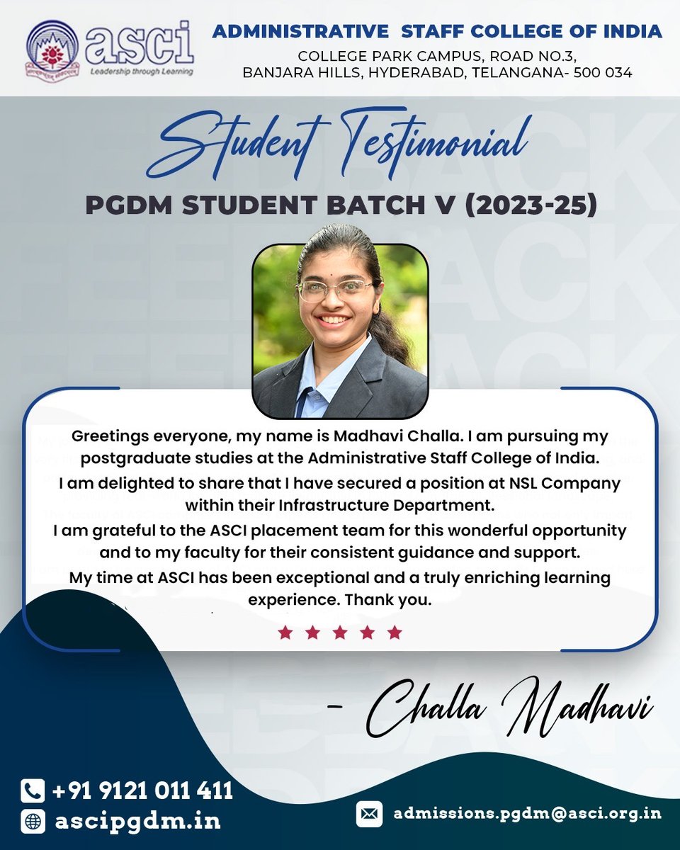 ascipgdm's tweet image. Ms. Challa Madhavi , PGDM #batch5 (2023–2025), shares her experience and key takeaways from her journey at ASCI. 

#ascipgdm #ascihyderabad #studentsuccessstory #MadhaviChalla #campustocorporate #asciplacements #lifeatasci #asciexperience #pgdmindia #ASCIInfrastructurePlacement