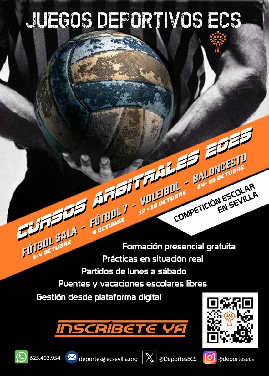 Ya se encuentran convocados los cursos de formación arbitral para dirigir los encuentros de la competición escolar de la temporada 2025-2026, que este año vienen con interesantes novedades. ¡No lo dudes e inscríbete! Más información e inscripciones: ecsevilla.org/deportes/convo…