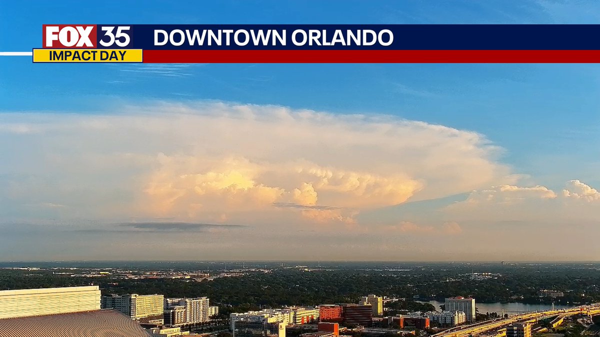 BrooksWeather's tweet image. Classic cumulonimbus cloud indicating the presence of a large thunderstorm, as seen from Orlando looking north toward Marion County. Under this storm, 3" of rain has fallen leading to a flash flood warning near Reddick. Today is a FOX 35 Weather Impact Day.