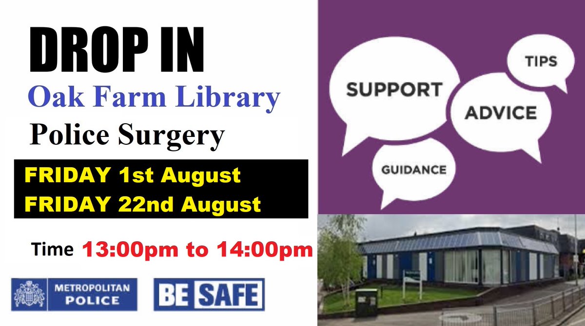 You're invited to our Police Surgery - whether you're just passing by. Bring any problem, concern, or suggestion you have. If you need any advice on crime or how to deal with an issue, we're here to help. join us between Friday 1 August and Friday 22 August, 13:00 to 14:00.