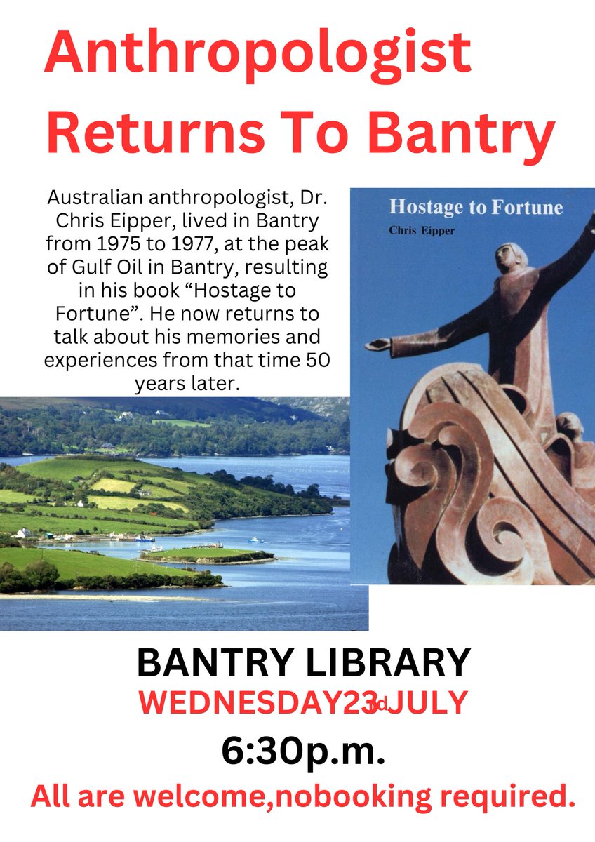corkcolibrary's tweet image. #BantryLibrary are thrilled to host Anthropologist , Dr. Chris Eipper who will give a talk in the library today at 6.30 p.m. about his time spent in Bantry 50 years ago at the peak of Gulf Oil.
All are welcome and no booking is required.
