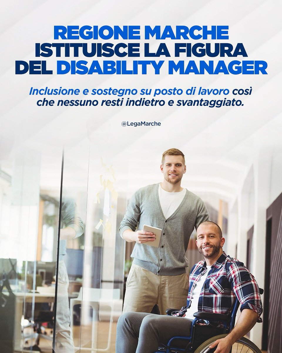 Lega_Marche's tweet photo. ☑️ Approvato il profilo professionale del Disability Manager nelle Marche!
Un passo concreto per favorire l’inclusione delle persone con disabilità nel lavoro pubblico e privato. https://t.co/Skim6xiiRe
