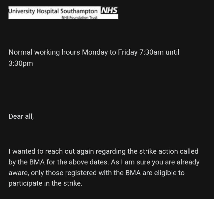 DoctorsVoteUK's tweet image. It seems that either @UHSFT don’t know the law or are trying to trick doctors out of their right to strike.
Any resident doctor in England with BMA membership or no union membership can strike.
You do not need to “register” with the BMA.
Strike hard.