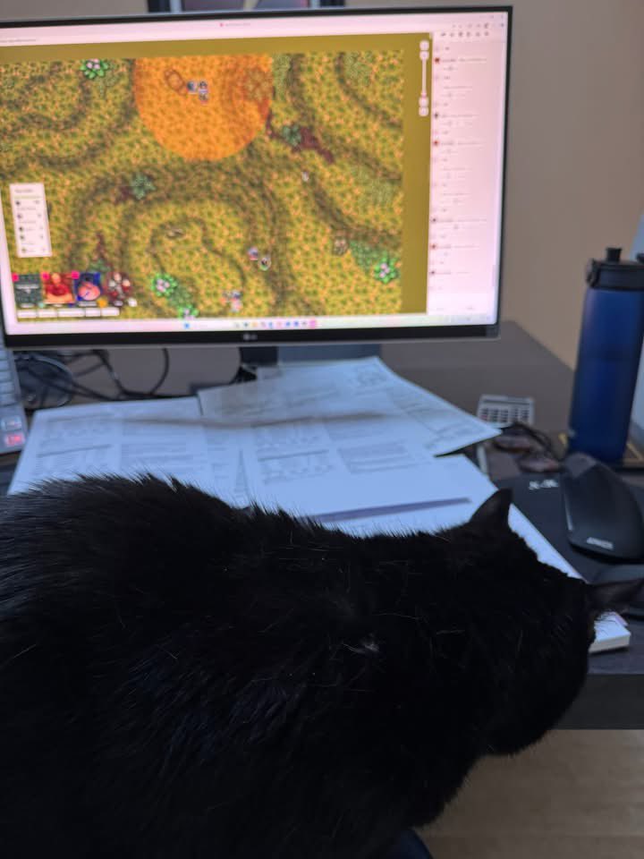 hill_jowett's tweet image. Yesterday we had our usual session with @LostLoreScholar and Vicky (the other half of Untold Destiny) joined the game as the third player. Her first time on Roll20 was supervised by the cats!
That's good as she is playing a beast druid and they were giving her pointers!