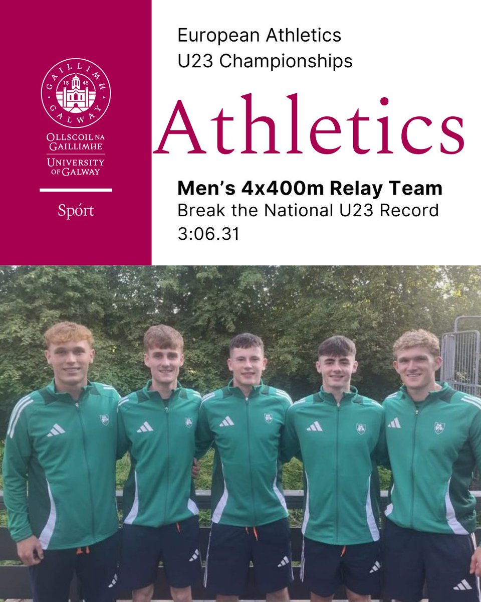 unigalwaysport's tweet image. Brilliant run from Ireland’s Men’s 4x400m relay team at the European U23 Championships — 5th place finish and a new national U23 record of 3:06.31! 🇮🇪
Well done to @uniofgalway Sport Scholars (Andrew Egan and David Mannion).