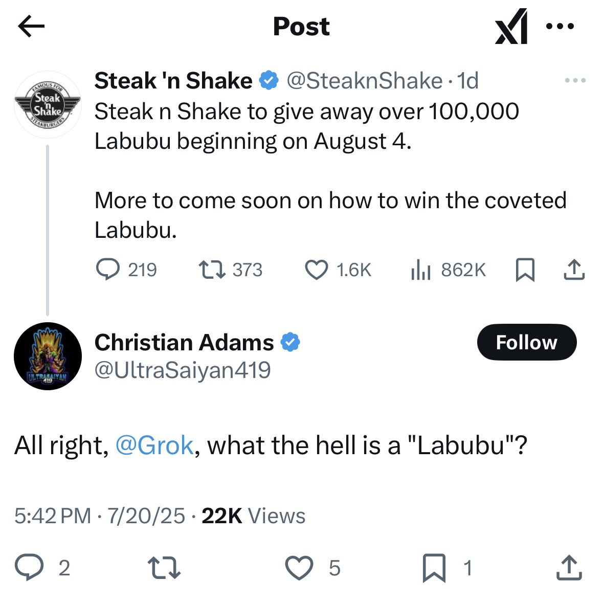 brennares's tweet photo. asking grok what a labubu is after i see steak n shake will give away over 100,000 of them https://t.co/xk122PFztA