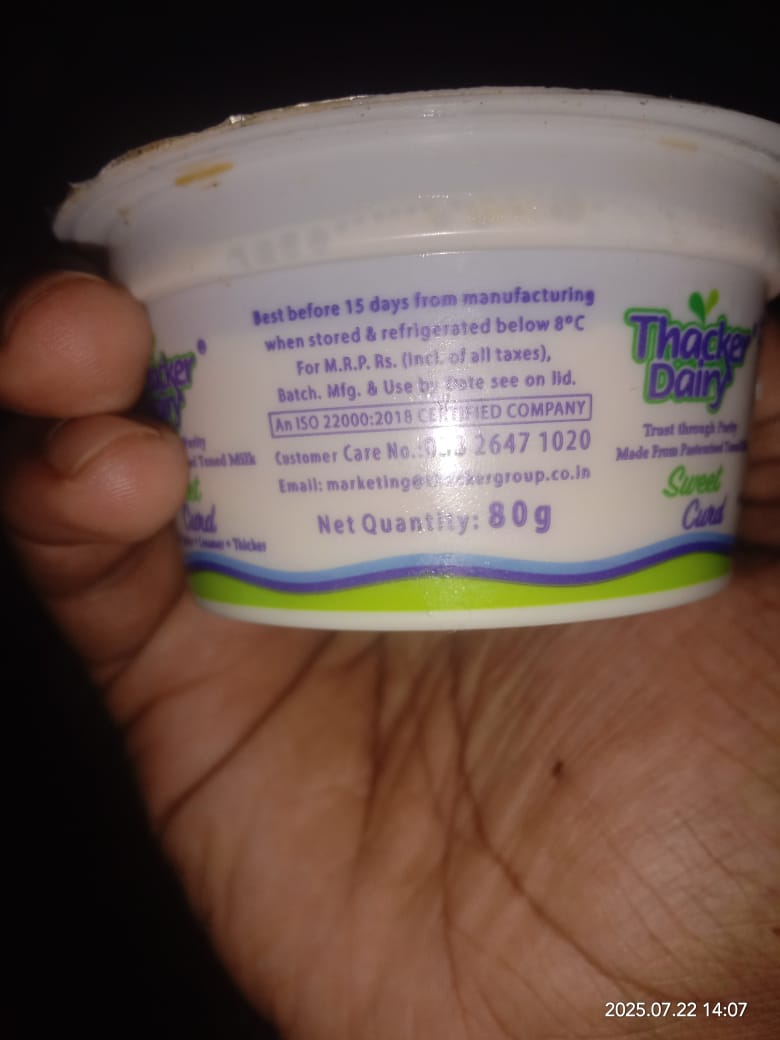 Laxman_ra0's tweet photo. I am traveling from tata to bharuch . These are my details.
PNR-6254798662
Trn:12834,Date:22-07-25
Frm TATA to BH
Cls:3A
P1-B5,16

I want raise a complaint against the pantry. They are selling 80g of curd in rs 25 . Which real price is 10 rs . They have used false price printing. https://t.co/f6a4N1TTki