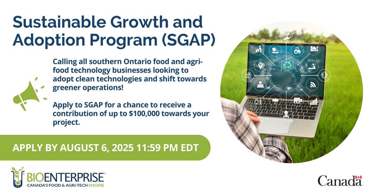 BioenterpriseCA's tweet image. 🚨 2 weeks left! Apply to #SGAP with your clean tech and process adoption projects for funding up to $100K. We want to support your work! Email submissions@bioenterprise.ca for feedback. Funded by #GC through @FedDevOntario. Apply here: ow.ly/RpNl50VWHEb