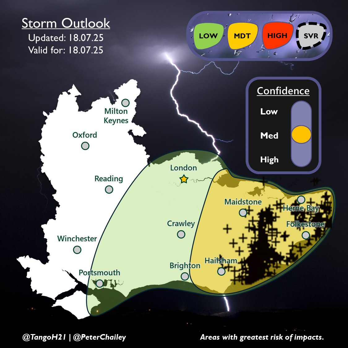 TangoH21's tweet image. Here's how the outlook for last Friday night verified ⛈️
Overall, one of our strongest forecasts so far, with all strikes remaining in the MDT zone. The western extent of the heavy rain was well captured by the LOW risk.
More showery weather to come in the next couple of days.