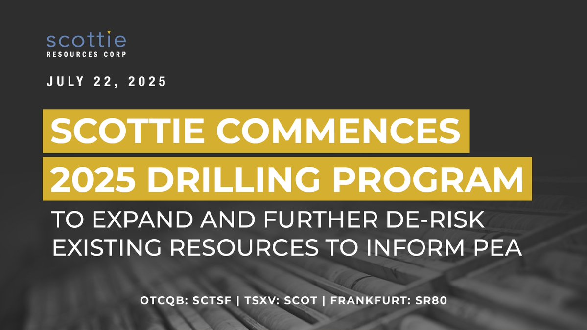 ScottieCorp's tweet image. News Release 📣 Drilling is now underway at our flagship Scottie Gold Mine Project, with three diamond drill rigs currently active on site. Highlights of the 2025 drill program include:
→ Resource upgrades from inferred to indicated
→ Expansionary drilling at the…