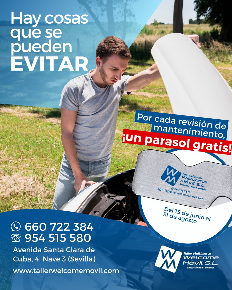 ¡Que no te pille el calor! 🔥 Con tu revisión de mantenimiento, ¡te regalamos un parasol! 🎁 Válido hasta el 31 de agosto. 

¡Tu coche y tu bolsillo te lo agradecerán! 💖

📍Av. Santa Clara de Cuba, 4. Nave 3 
📞660 722 384 | 954 515 580 
#TallerWelcomeMovil #MantenimientoAlDia