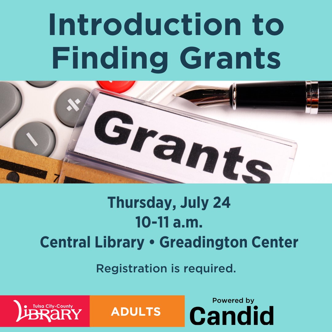 tulsalibrary's tweet image. Are you new to the field of grant seeking? Discover what funders are looking for in nonprofits seeking grants and how to find potential funders in this introductory course.
Registration is required. To register for this event, visit tulsalibrary.org/events.