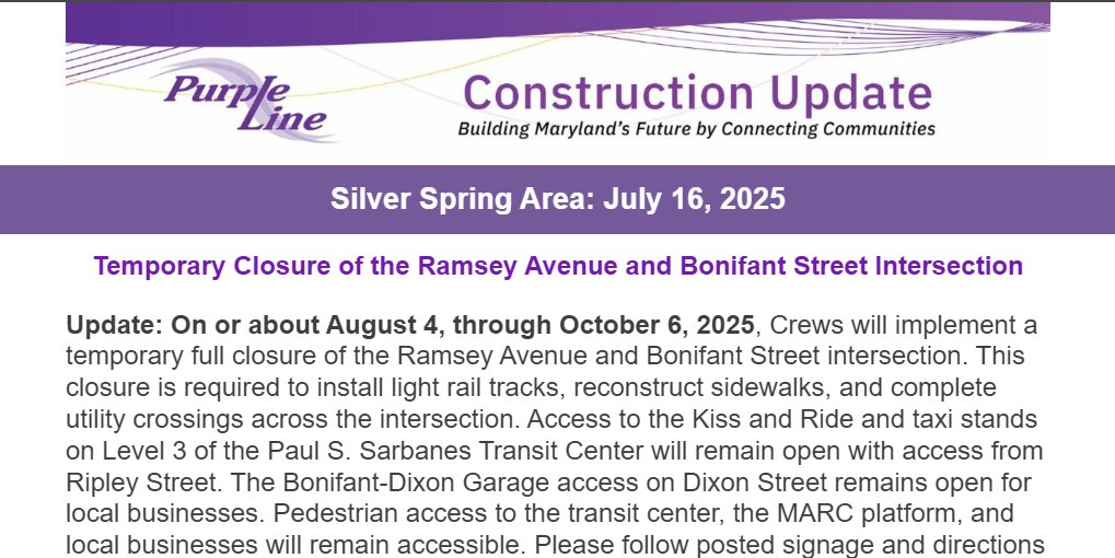 MCDOTNow's tweet image. 🟣On or about August 4, 2025, @PurpleLineMD Crews will implement a temporary full closure of the Ramsey Avenue and Bonifant Street intersection
🟣This closure is required to install light rail tracks, reconstruct sidewalks, and complete utility crossings across the intersection.
