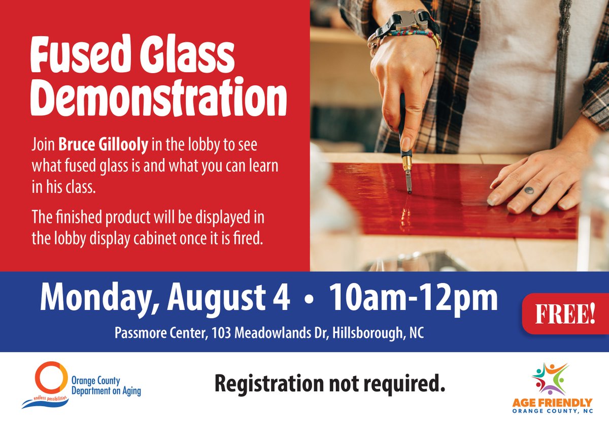 OCNCGOV's tweet image. Join Bruce Gilooly for a fused glass demonstration on Monday, Aug. 4 from 10 am to 12 pm at the Passmore Center at 103 Meadowlands Dr., Hillsborough.